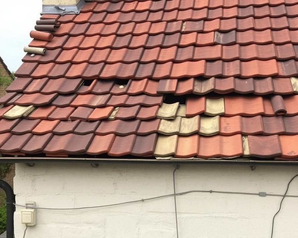 Régi tető felújítás közben, bontott cserepekkel
